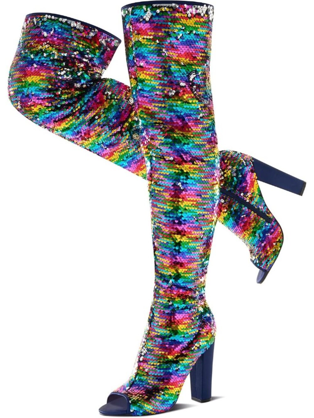 Women's Color Chunky High Heels Open Toe Sequin Over The Knee Thigh High Boots